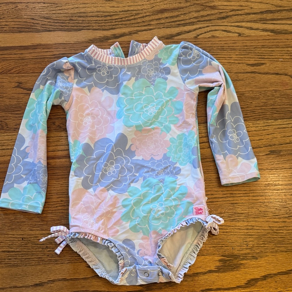 Ruffle Butts 3T Floral Long-Sleeve Baby One-Piece Swimsuit - Pastel Mint & Pink